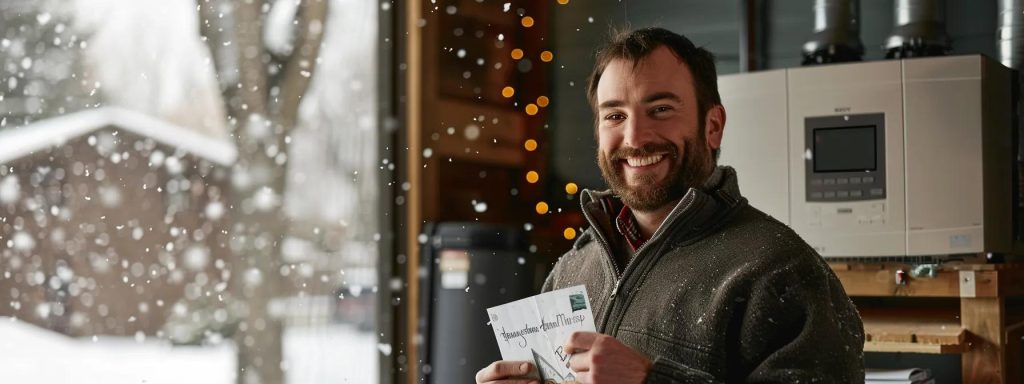 a cozy northwest indiana home features a modern high-efficiency furnace prominently displayed, with a smiling homeowner proudly holding a nipsco rebate check, while warm lighting casts a welcoming glow against the backdrop of gently falling snow visible through the window.