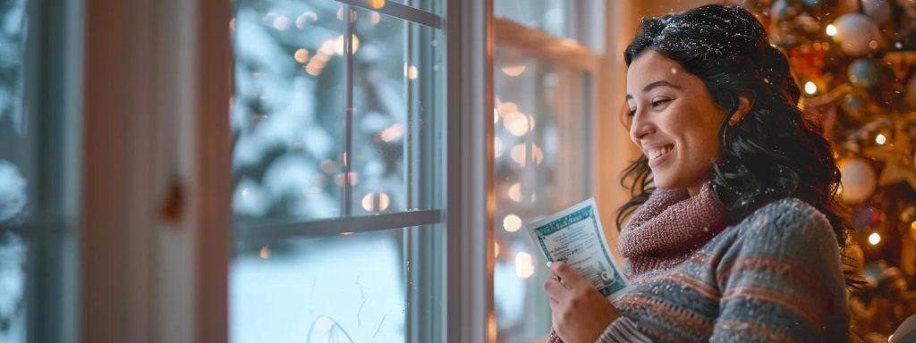 a cozy northwest indiana home features a modern high-efficiency furnace, with a smiling homeowner proudly holding a nipsco rebate check in warm lighting, while snow falls gently outside the window.