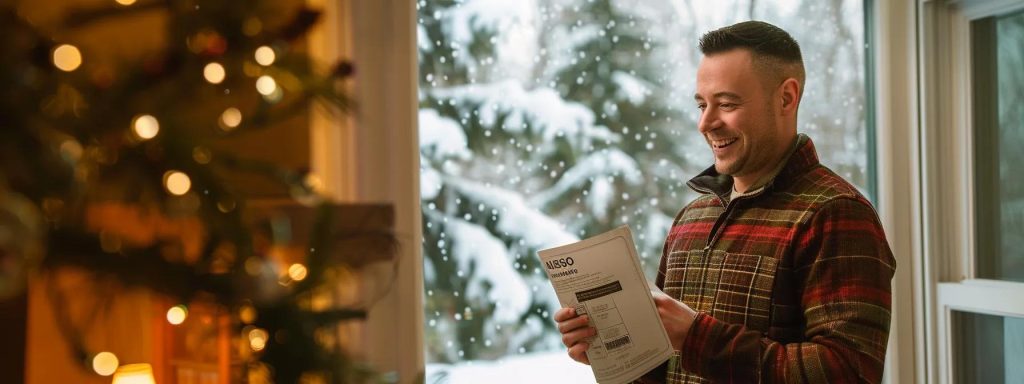 a cozy northwest indiana home features a modern high-efficiency furnace, with a smiling homeowner proudly holding a nipsco rebate check in warm lighting, as snow gently falls outside the window.
