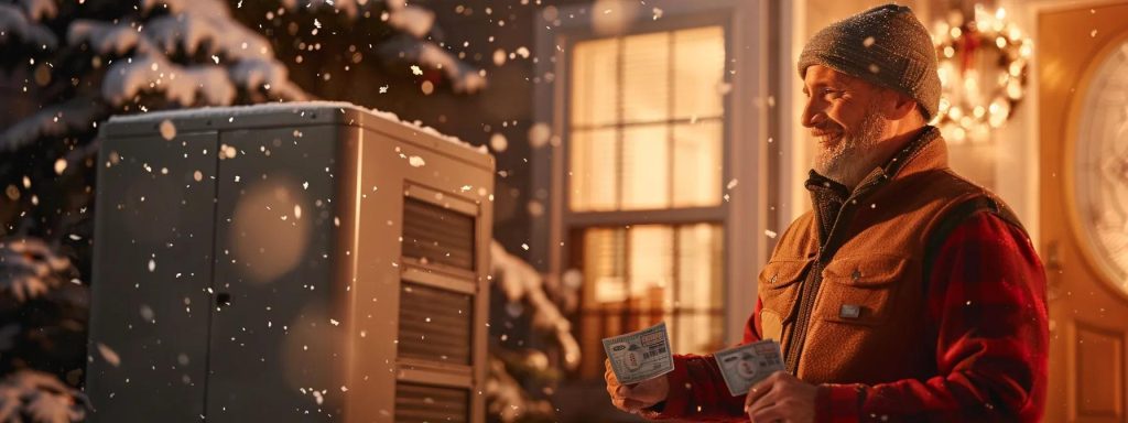 a cozy northwest indiana home showcases a modern high-efficiency furnace, warmly lit, as a smiling homeowner proudly holds a nipsco rebate check, with soft snowflakes visible through the window in the background, emphasizing the benefits of energy-efficient hvac upgrades.