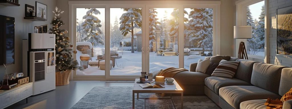 a cozy northwest indiana living room features a modern high-efficiency furnace with the york hvac logo, as a smiling homeowner proudly displays a nipsco rebate check, framed by a snowy outdoor view and warm interior lighting.