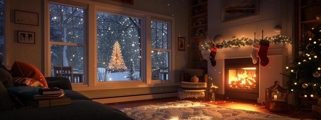 a cozy northwest indiana living room features a realistic 3d rendering of a modern high-efficiency furnace, warmly illuminated by soft lighting, with a smiling homeowner proudly holding a nipsco rebate check and snowflakes gently falling outside the window.