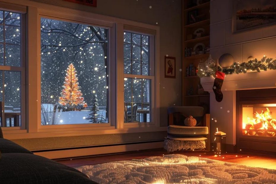 a cozy northwest indiana living room features a realistic 3d rendering of a modern high-efficiency furnace, warmly illuminated by soft lighting, with a smiling homeowner proudly holding a nipsco rebate check and snowflakes gently falling outside the window.