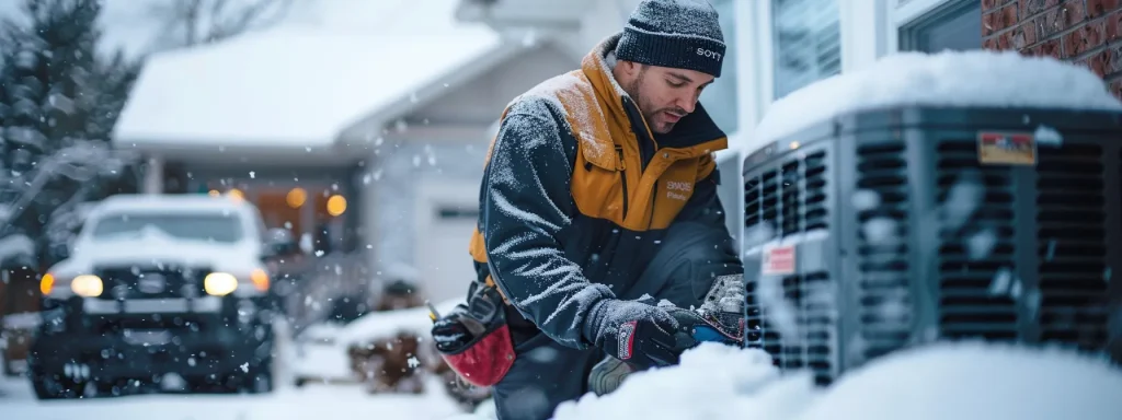 a focused hvac technician in branded gear expertly installs a sleek furnace system inside a cozy, suburban home, with a snow-laden driveway featuring a company truck and subtle branding elements from york, guardian, and bosch in the backdrop.