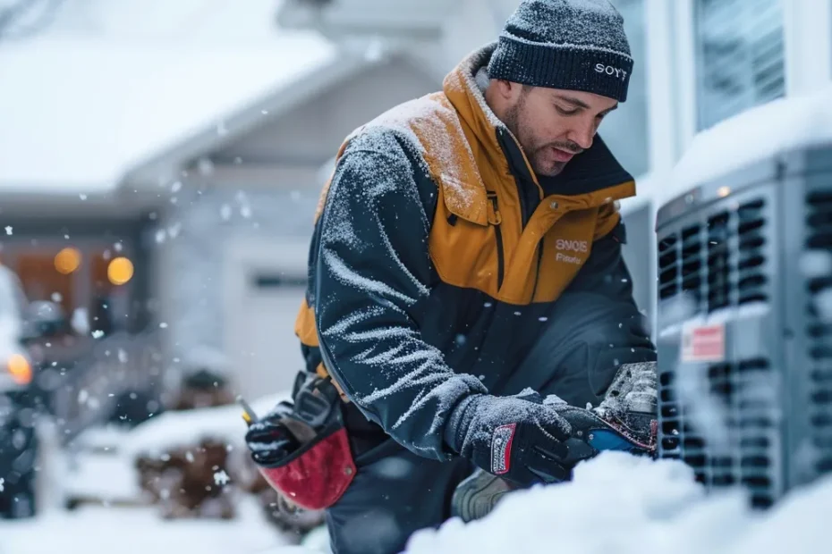 a focused hvac technician in branded gear expertly installs a sleek furnace system inside a cozy, suburban home, with a snow-laden driveway featuring a company truck and subtle branding elements from york, guardian, and bosch in the backdrop.