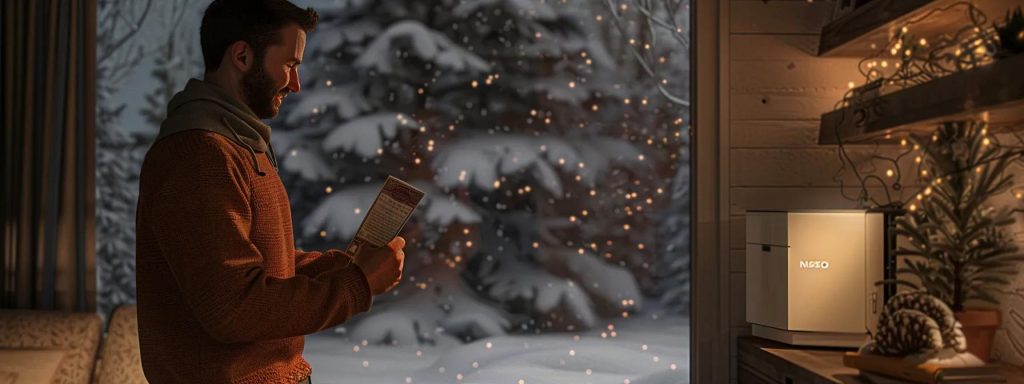 a photorealistic 3d render captures a modern high-efficiency furnace in a cozy northwest indiana home, with a smiling homeowner proudly holding a nipsco rebate check under warm lighting, framed by snow gently falling outside the window.