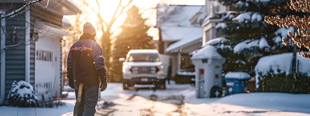 a professional hvac technician in branded furnace exchange gear meticulously installs a modern furnace system in a cozy suburban home, surrounded by winter snow, with a company truck parked in the driveway, conveying a sense of warmth, reliability, and expert service.