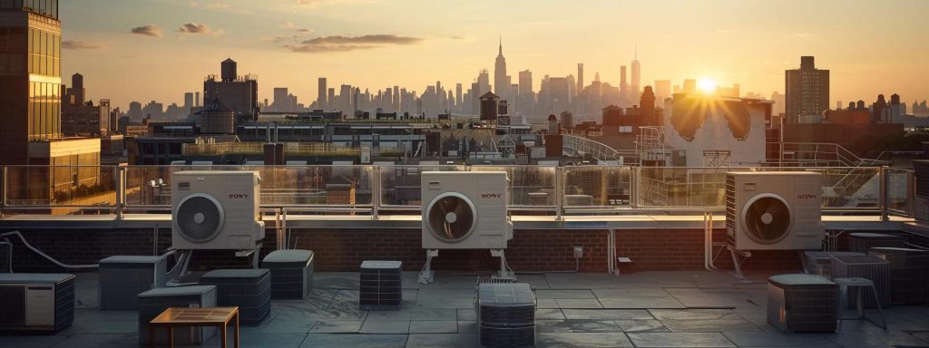 a bustling urban rooftop terrace features a sleek central air conditioning unit working hard against the backdrop of a scorching summer skyline, emphasizing the thermal stress and efficiency challenges faced in high temperatures.