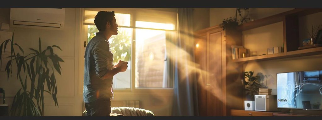 a concerned homeowner stands in a well-lit, modern living room, inspecting a thermostat display while warm air escapes from the sleek air conditioning vents, illustrating the frustration of an underperforming hvac system.