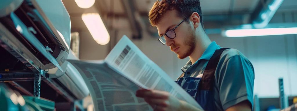 a focused technician in a modern office environment analyzes a high-tech air conditioning unit, surrounded by diagnostic tools and open manuals, capturing the essence of troubleshooting hvac performance issues.