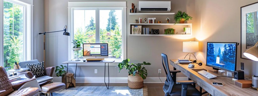 a modern, bustling home office equipped with advanced smart technology, showcasing a sleek, high-efficiency hvac system actively cooling the space during a scorching summer day, with a digital thermostat displaying optimal energy-saving settings.