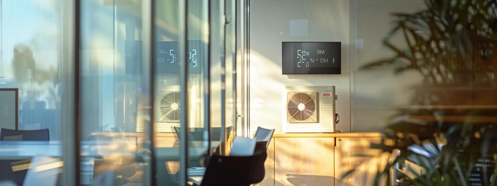 a modern, sleek office space features an air conditioning unit prominently in the foreground, with a digital display showing a high temperature outside, emphasizing the critical importance of ac maintenance during scorching summer days.