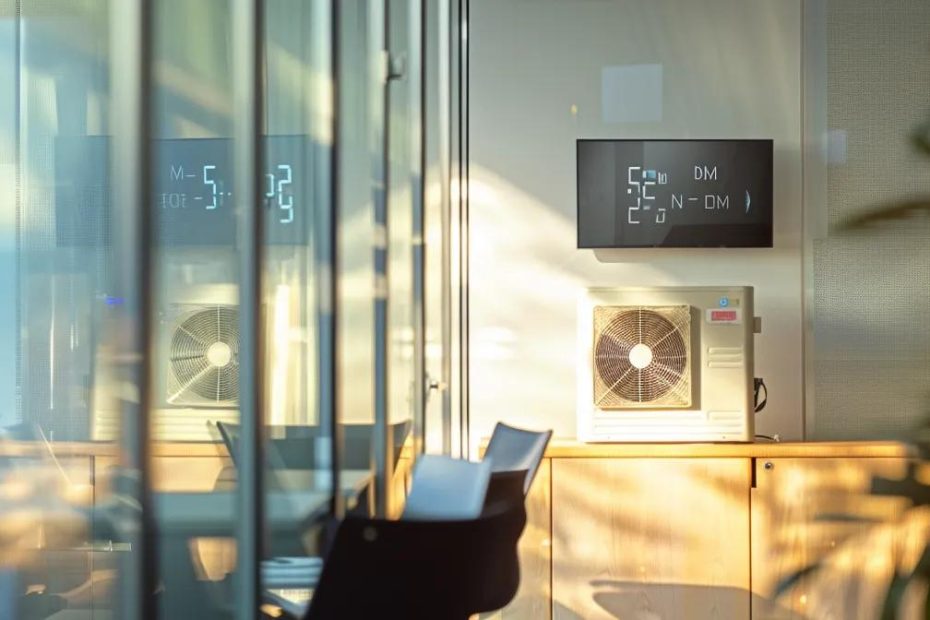 a modern, sleek office space features an air conditioning unit prominently in the foreground, with a digital display showing a high temperature outside, emphasizing the critical importance of ac maintenance during scorching summer days.