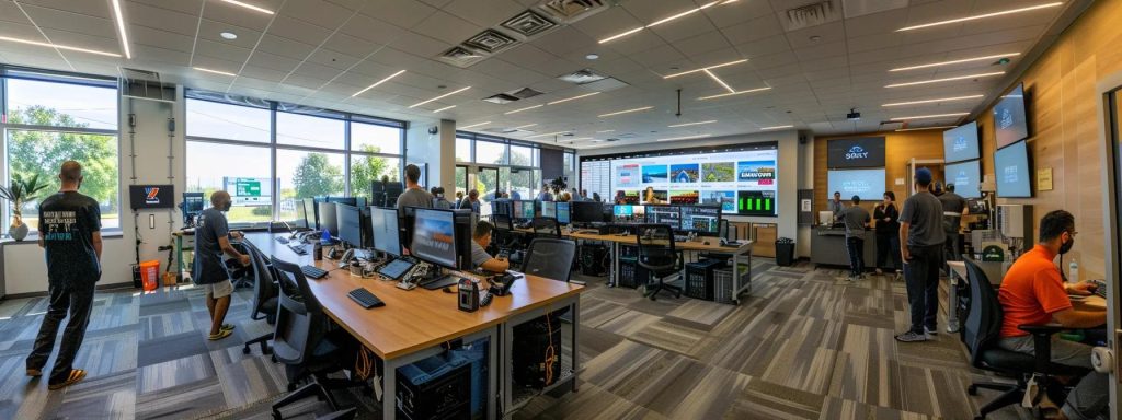 a modern utility control room bustling with activity, where engineers monitor screens displaying real-time data on energy consumption and demand response strategies, all while a digital display highlights nipsco’s innovative programs to optimize ac efficiency during a sweltering summer day.