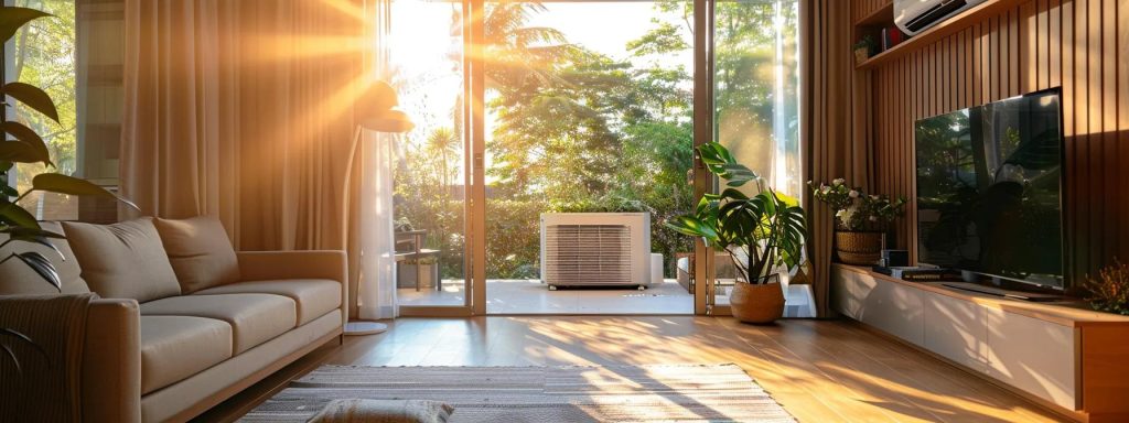 a sleek, modern home interior showcases a well-maintained air conditioning unit, with sunlight streaming through large windows, emphasizing a comfortable and inviting atmosphere ideal for enjoying the summer heat.