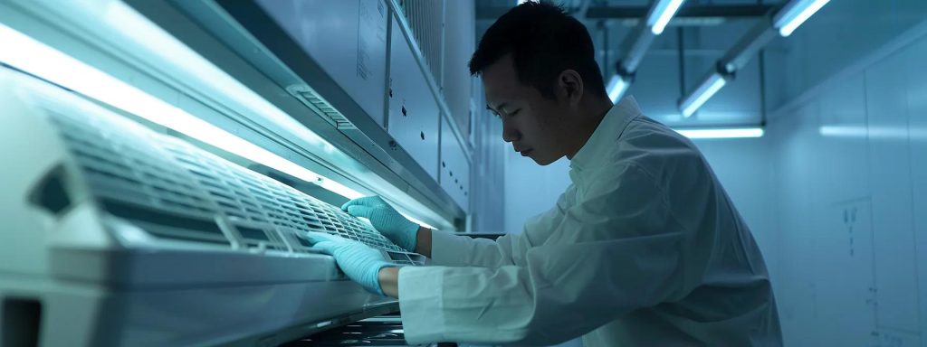 a sleek, modern hvac technician meticulously inspects an air conditioning unit in a pristine, well-organized office environment, ensuring optimal performance by checking filters and refrigerant levels, all under bright, focused artificial lighting.
