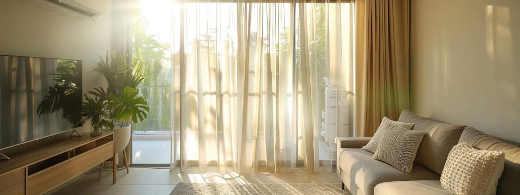 a sleek, modern living room with an open window displaying sunlight filtering through transparent curtains, showcasing a well-maintained air conditioning unit prominently on the wall, highlighting the importance of preventive maintenance for a cool and comfortable summer home.