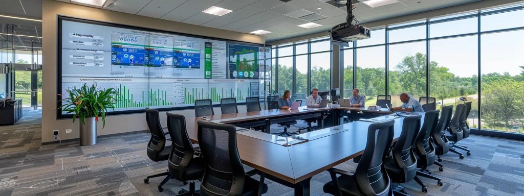 a sleek, modern office environment features a polished conference table surrounded by professionals engaged in a focused discussion about optimizing hvac performance and maintenance strategies, with a backdrop of a large digital screen displaying technical diagrams and cooling efficiency statistics.