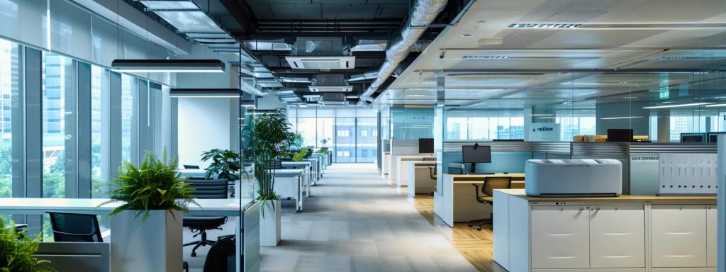 a sleek, modern office with a trane air conditioner prominently displayed on the wall, running efficiently while digital temperature gauges showcase optimal performance, highlighting its advanced technology in a hot summer setting.