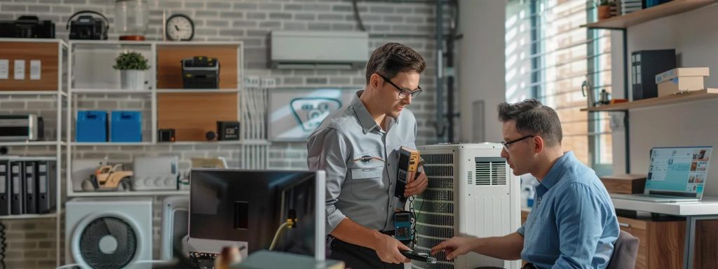 a technician in a modern, air-conditioned office environment examines an ac unit's intricate components, showcasing diagnostic tools while a homeowner looks on, emphasizing the urgency of troubleshooting cooling issues on a scorching summer day.
