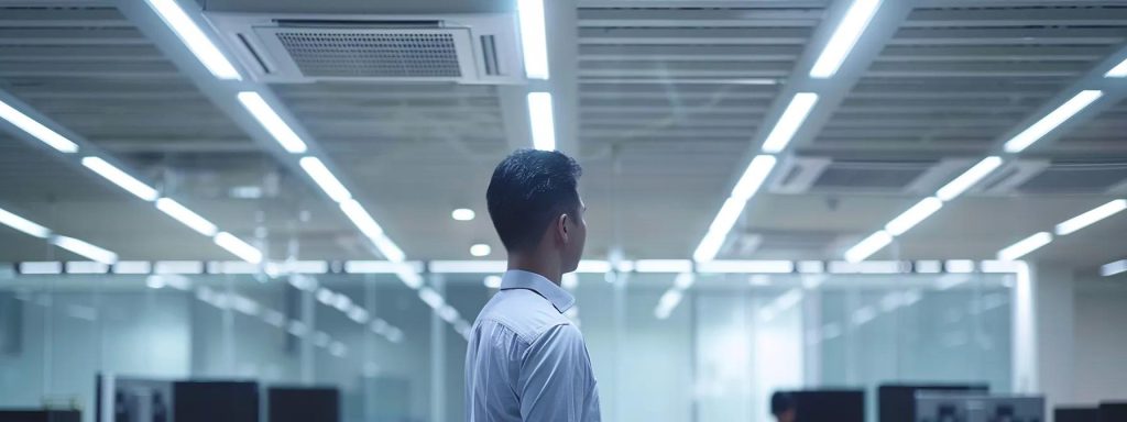 a well-maintained, modern air conditioning unit installed in a sleek, professional office environment, with a technician inspecting the system under bright fluorescent lighting, emphasizes the importance of preventive maintenance during the scorching summer months.