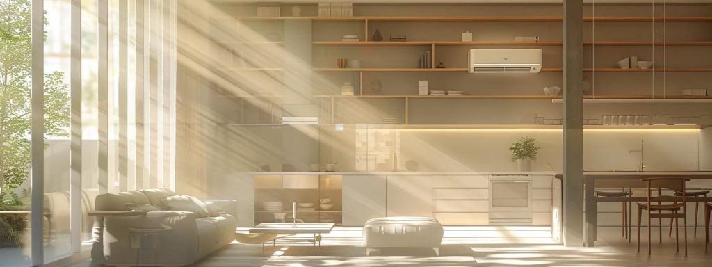 an efficient home interior showcases a sleek, modern air conditioning unit, strategically placed amid well-organized living spaces, highlighting meticulous adjustments and maintenance practices for optimizing summer cooling efficiency as sunlight streams through large windows.