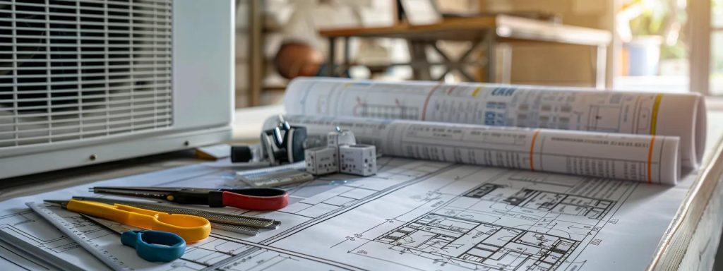 a close-up of a sleek, modern hvac technician's tool kit laid out on a pristine office desk, surrounded by intricately designed blueprints and an energy-efficient air conditioning unit, exuding professionalism and expertise in indoor climate solutions.