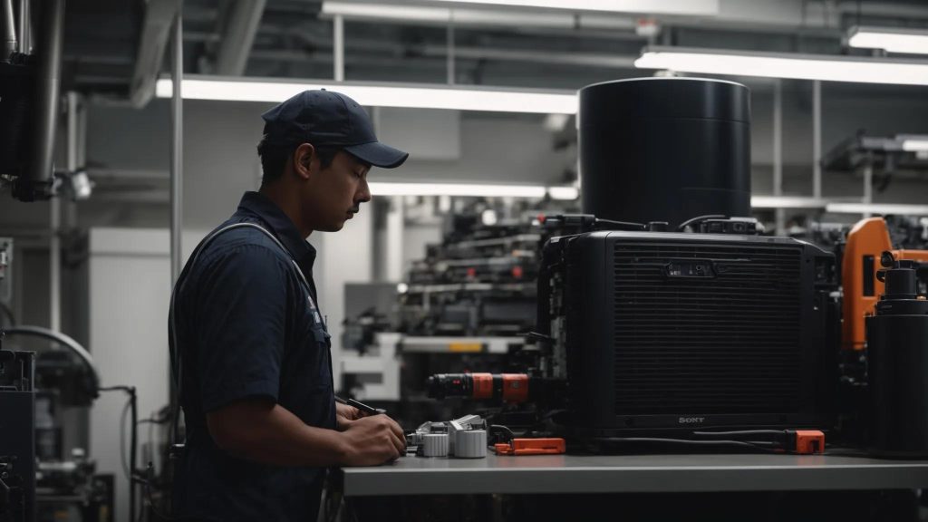 a close-up of a technician meticulously inspecting a sleek, modern air conditioning unit inside a well-lit office environment, showcasing tools and maintenance equipment organized neatly on a workbench.