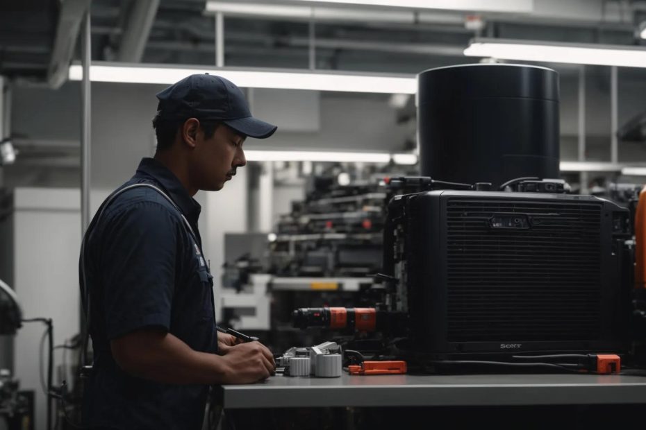 a close-up of a technician meticulously inspecting a sleek, modern air conditioning unit inside a well-lit office environment, showcasing tools and maintenance equipment organized neatly on a workbench.