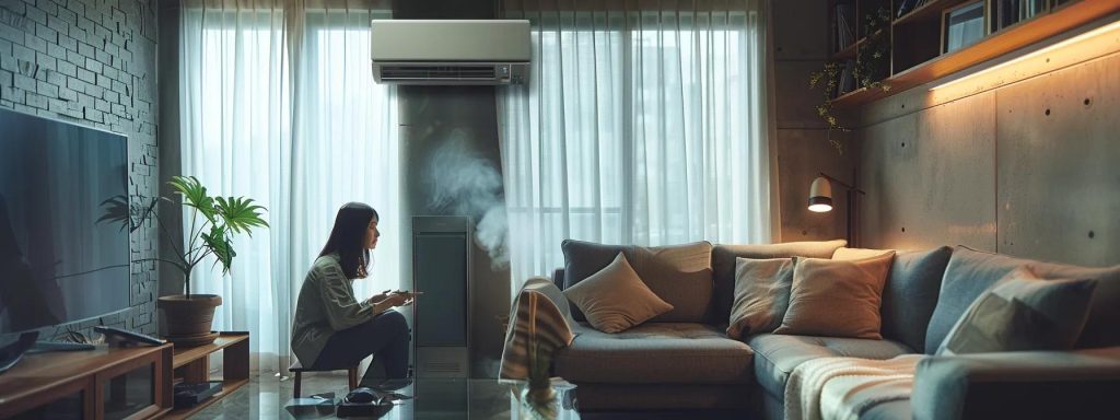 a concerned homeowner inspects a malfunctioning air conditioning unit in a modern living room, highlighting common issues like water leaks and unusual sounds amidst a backdrop of stylish interior decor.