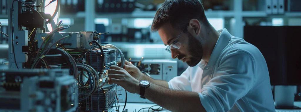 a focused technician in a modern, clutter-free office environment inspects complex air conditioning machinery, surrounded by tools and diagnostic equipment that highlight the necessity of professional expertise in resolving intricate mechanical failures.