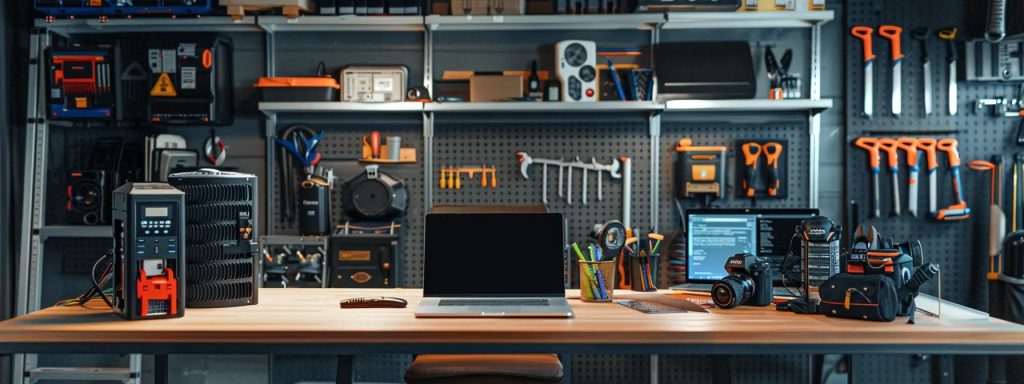 a modern, well-organized home office featuring a sleek desk with tools and manuals for diy air conditioning repairs, alongside an open laptop displaying professional maintenance service options, creating a compelling visual narrative of cost-effective hvac solutions.