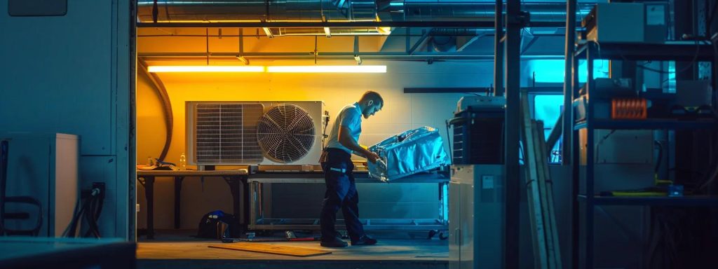 a skilled technician inspects a disassembled air conditioning unit within a well-lit, modern workshop in merrillville, indiana, highlighting the intricacies of common ac repairs.