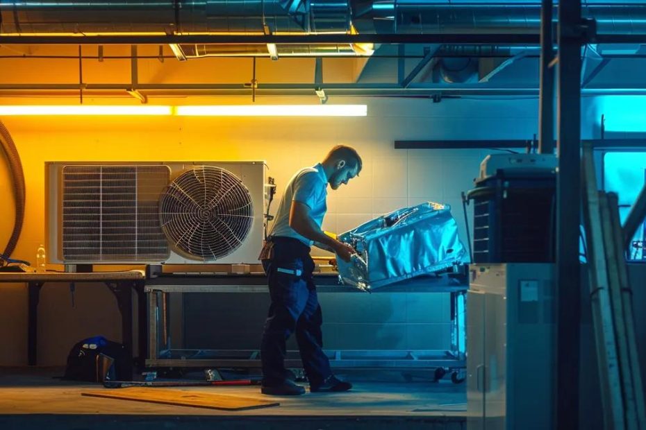a skilled technician inspects a disassembled air conditioning unit within a well-lit, modern workshop in merrillville, indiana, highlighting the intricacies of common ac repairs.