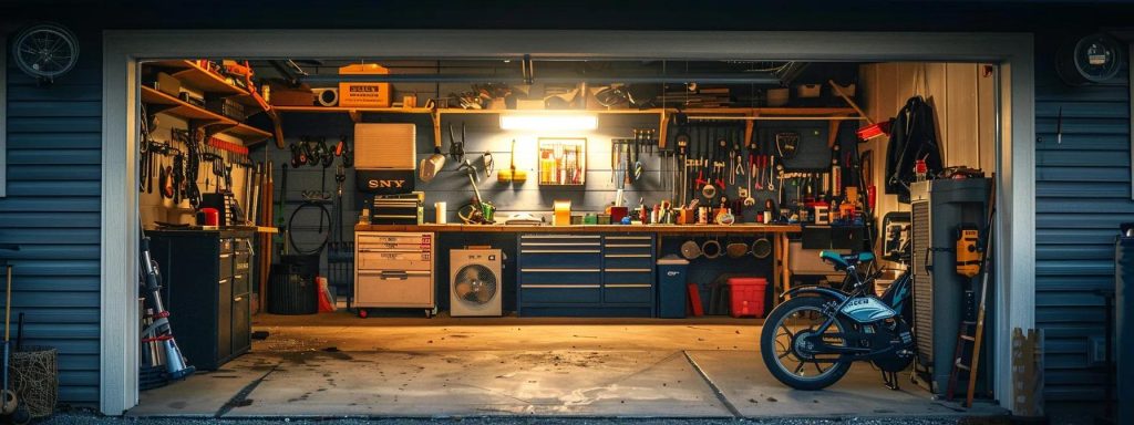 a well-lit, organized garage with a homeowner methodically inspecting a disassembled air conditioning unit, surrounded by basic tools and safety equipment to emphasize a hands-on diy repair approach.