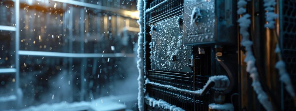 Frost-covered air conditioning unit with icy droplets, highlighting potential issues like refrigerant leaks or poor performance, relevant for summer maintenance and assessment.