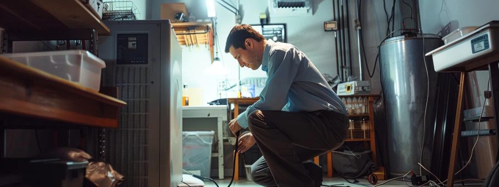 HVAC technician inspecting air conditioning unit in a maintenance workshop, emphasizing professional service for optimal cooling performance.