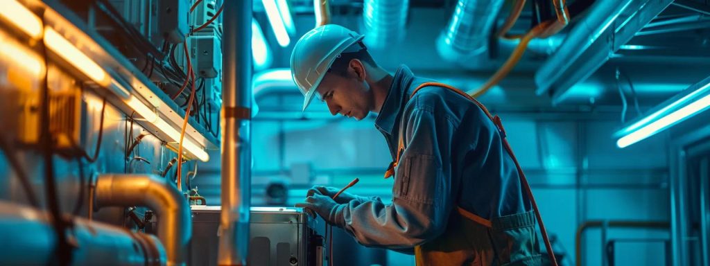 Technician performing maintenance on HVAC unit in a well-lit mechanical room, emphasizing routine upkeep and efficiency for air conditioning systems.