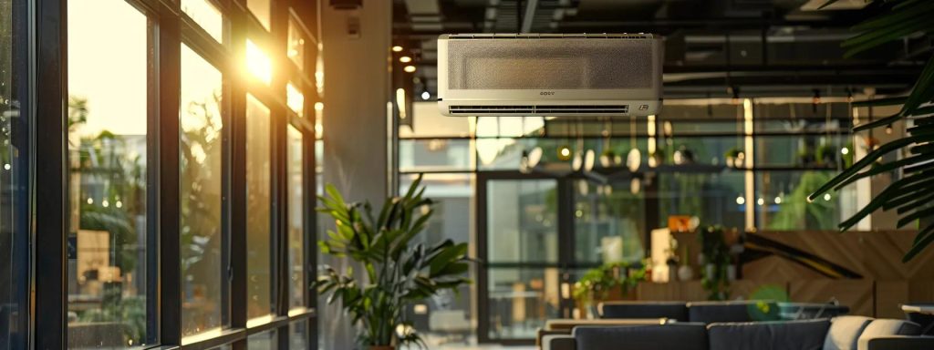 Modern air conditioning unit mounted in a sleek office space with large windows, sunlight streaming in, and greenery enhancing indoor comfort.