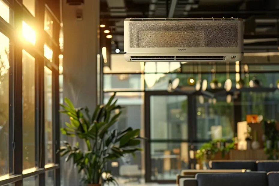 Modern air conditioning unit installed in a sleek office space with sunlight streaming through large windows and greenery in the foreground, emphasizing comfort and cooling solutions for summer heat.