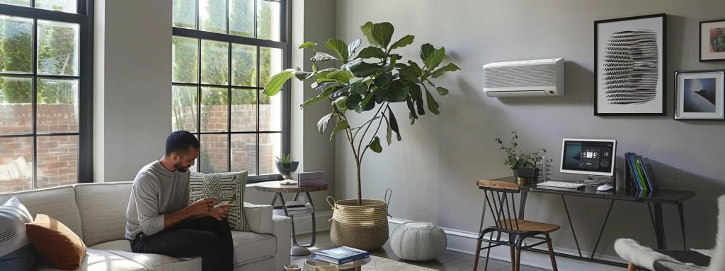 Man sitting on a couch using a smartphone in a modern living room with an air conditioning unit, indoor plants, and a workspace featuring a computer and decorative elements, illustrating comfortable home environment and HVAC efficiency.
