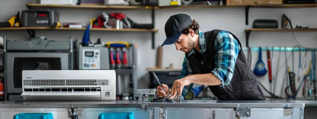 Skilled technician repairing air conditioning unit in workshop, emphasizing HVAC maintenance and troubleshooting for homeowners in Merrillville, Indiana.