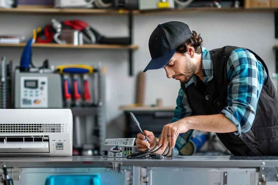Skilled HVAC technician troubleshooting air conditioning unit in workshop, surrounded by tools and equipment, emphasizing summer maintenance and efficiency.