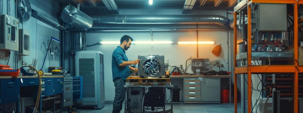 Technician working on HVAC components in a modern workshop, surrounded by tools and equipment, emphasizing professional AC repair and maintenance.
