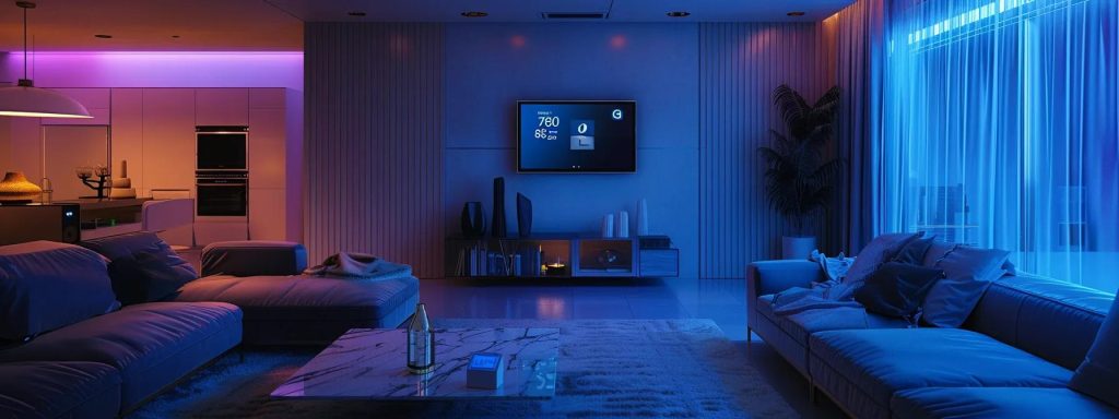Sleek modern living room with ambient lighting, featuring a large TV displaying temperature settings, plush sofas, and a stylish coffee table, emphasizing comfort and energy efficiency in home design.