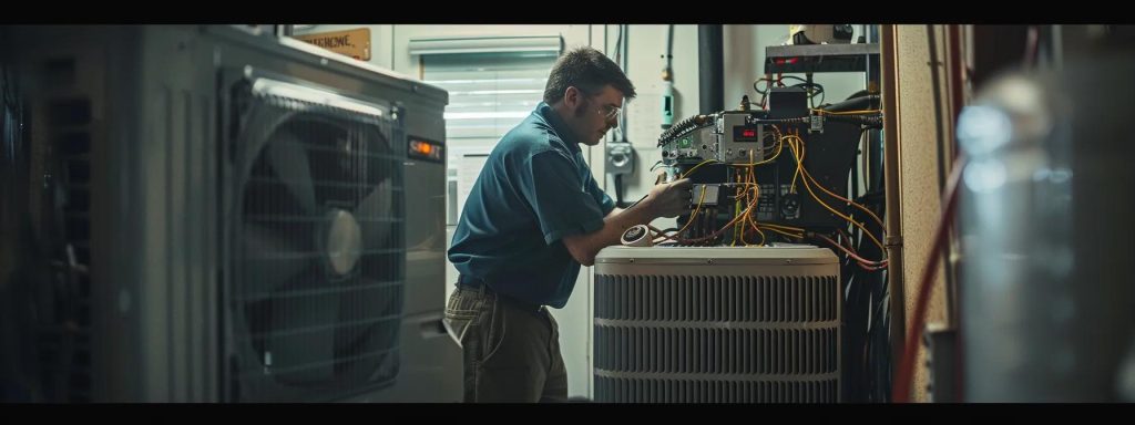 Technician troubleshooting HVAC system components, focusing on electrical connections and refrigerant lines in an air conditioning unit.