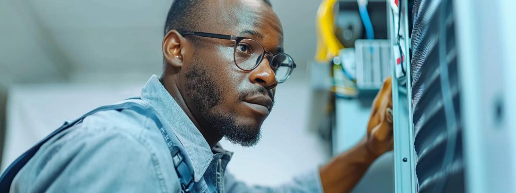 Technician inspecting air conditioning unit, focusing on repair and maintenance techniques for HVAC systems.