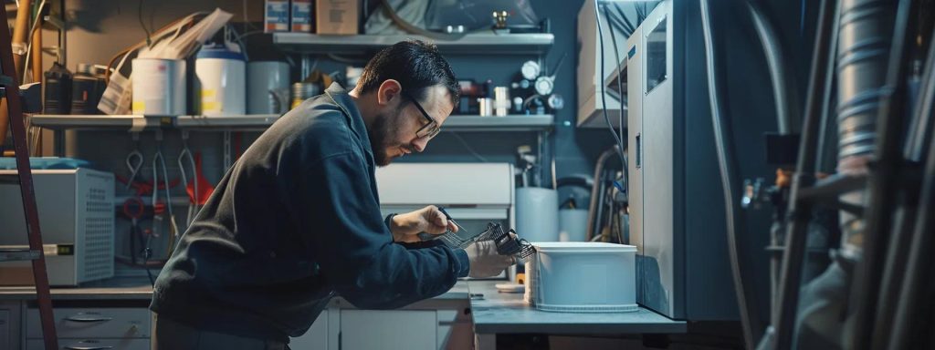 Technician performing maintenance on HVAC equipment in a workshop, highlighting the importance of professional inspections and routine upkeep for optimal air conditioning performance.