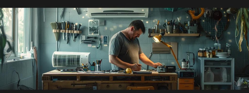 Man working at a wooden table in a well-organized workshop, with an air conditioning unit visible, surrounded by tools and materials, illustrating the importance of maintaining HVAC systems for effective home repairs.