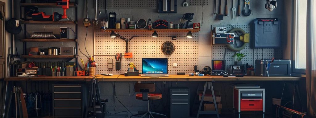 Modern minimalist home office with organized tools, a computer, and a pegboard wall, reflecting an efficient workspace for HVAC maintenance and troubleshooting tasks.